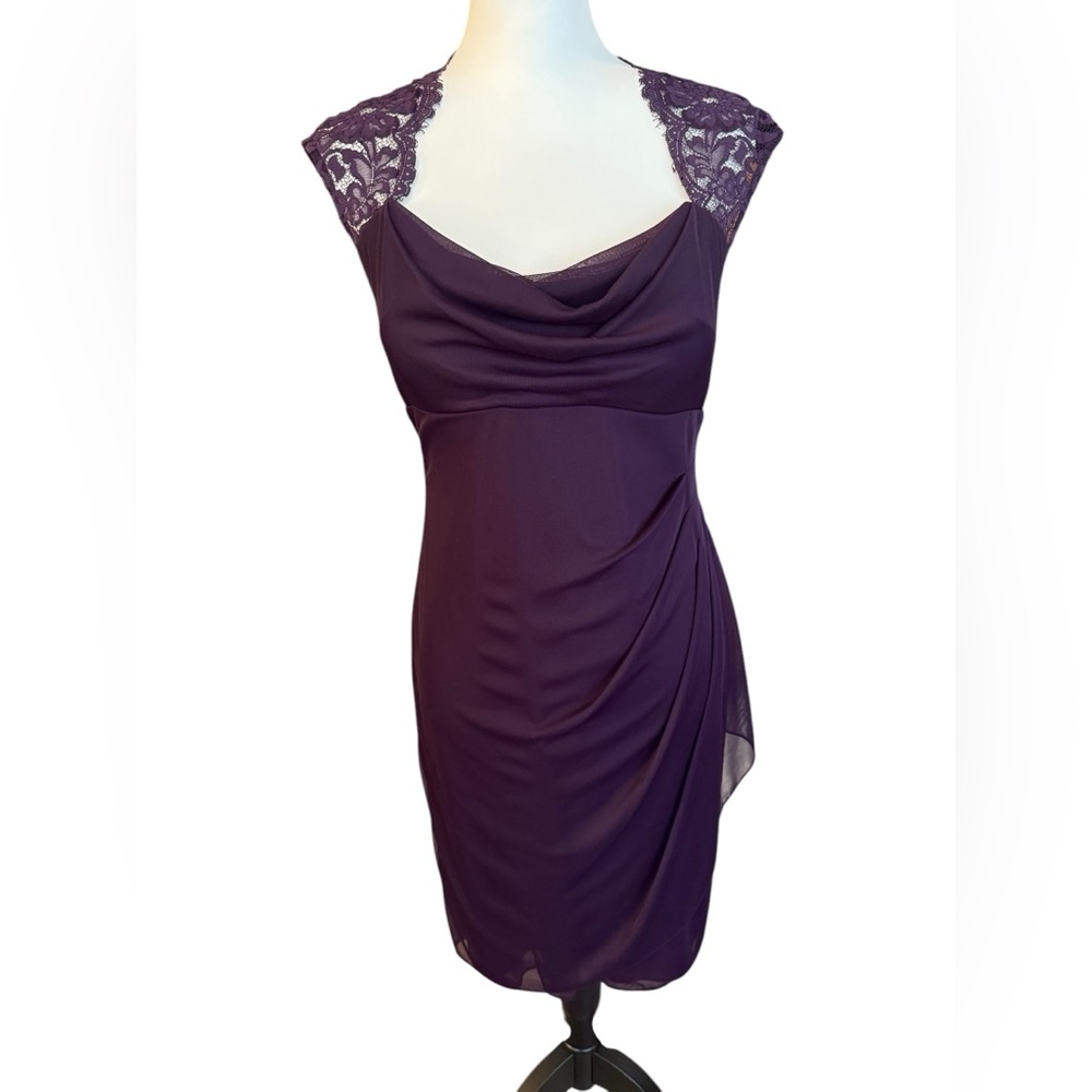Xscape Ruched Dress Purple Size 10 lace cap sleeve fully lined drape chest - Picture 2 of 12